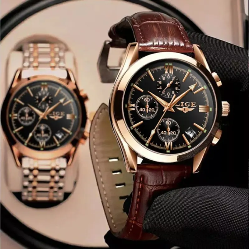 New Fashion Mens Watches Top Brand Luxury Military Quartz Watch Man Premium Leather Waterproof Sport Chronograph Watch Men Clock