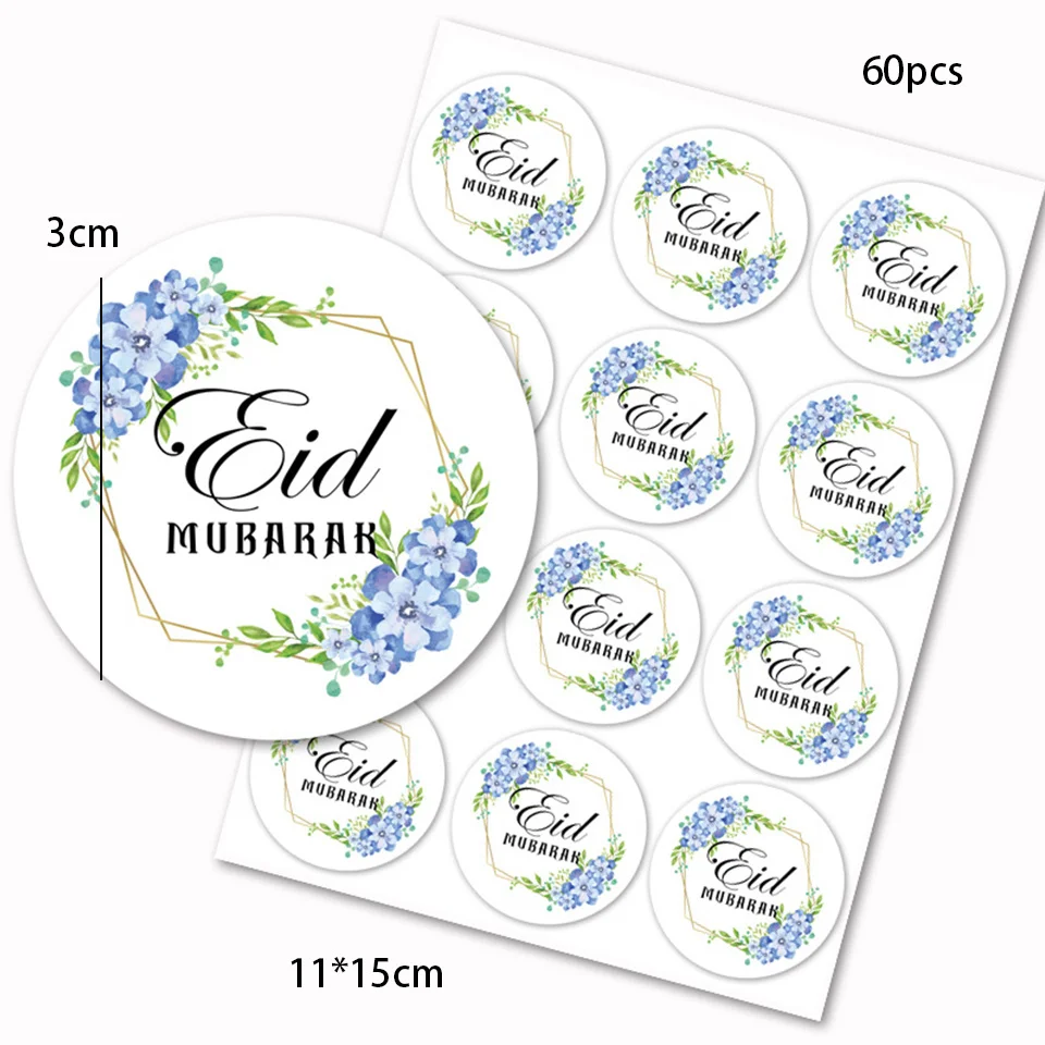 60pcs Colorful  EID Mubarak Sticker Gift Wrapping Stickers for Ramadan Kareem Supply Wedding Birthday Gifts Wrapping Decorations