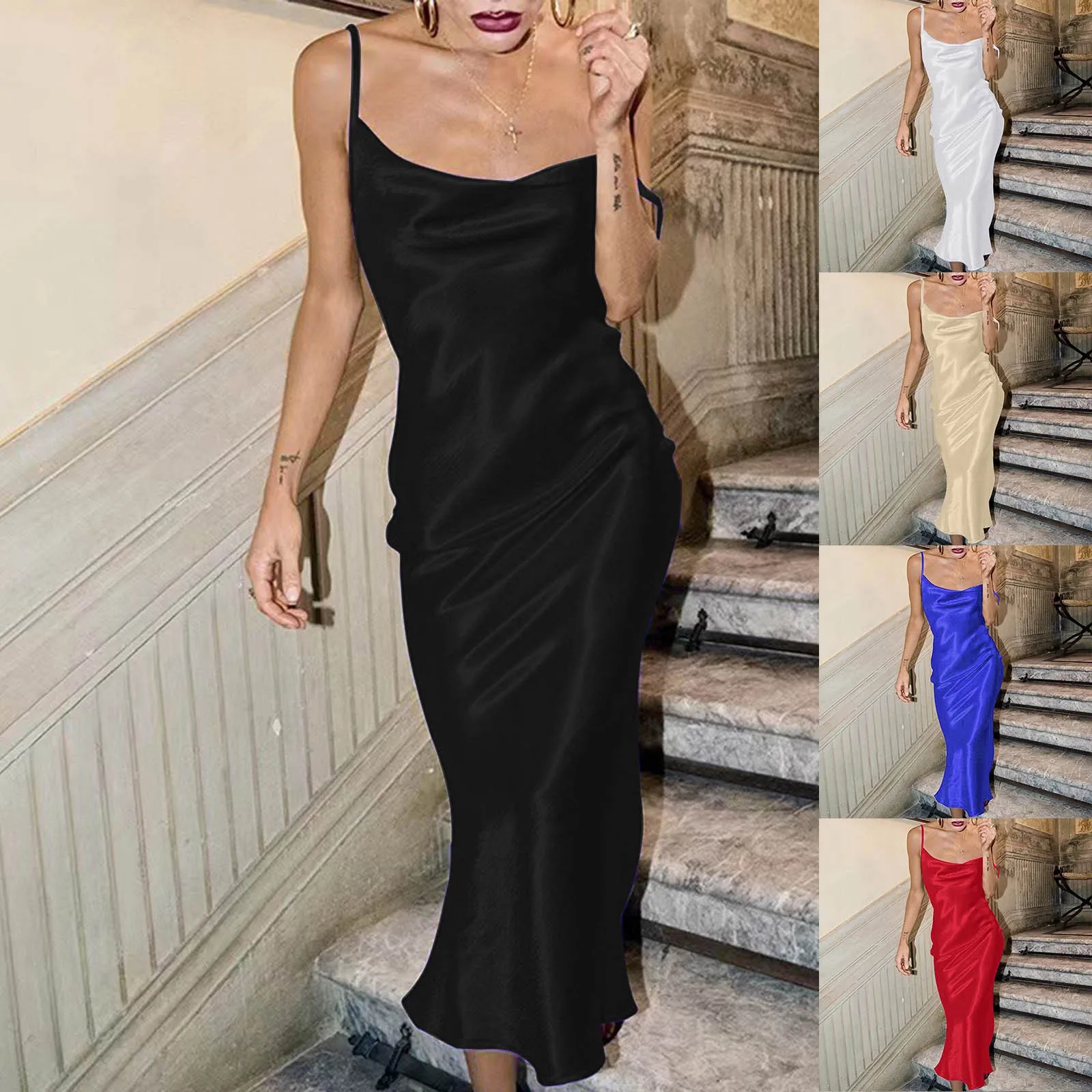 Neue sexy Spaghetti träger rücken freie Sommerkleid Frauen Satin Schnür trompete langes Kleid elegante figur betonte Party kleider heiß