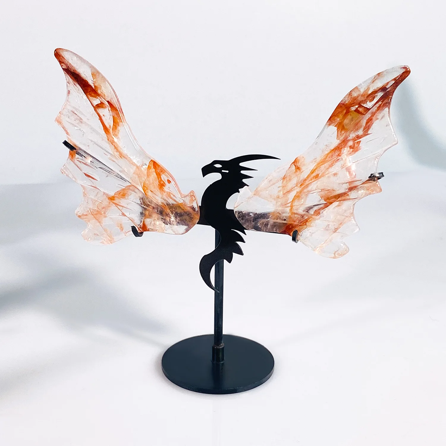 Natural Red Hematoid Crystal Dragon Wing Stand, Hand Carved Gemstone Wing Sculpture, Home Office Table Decor Gift