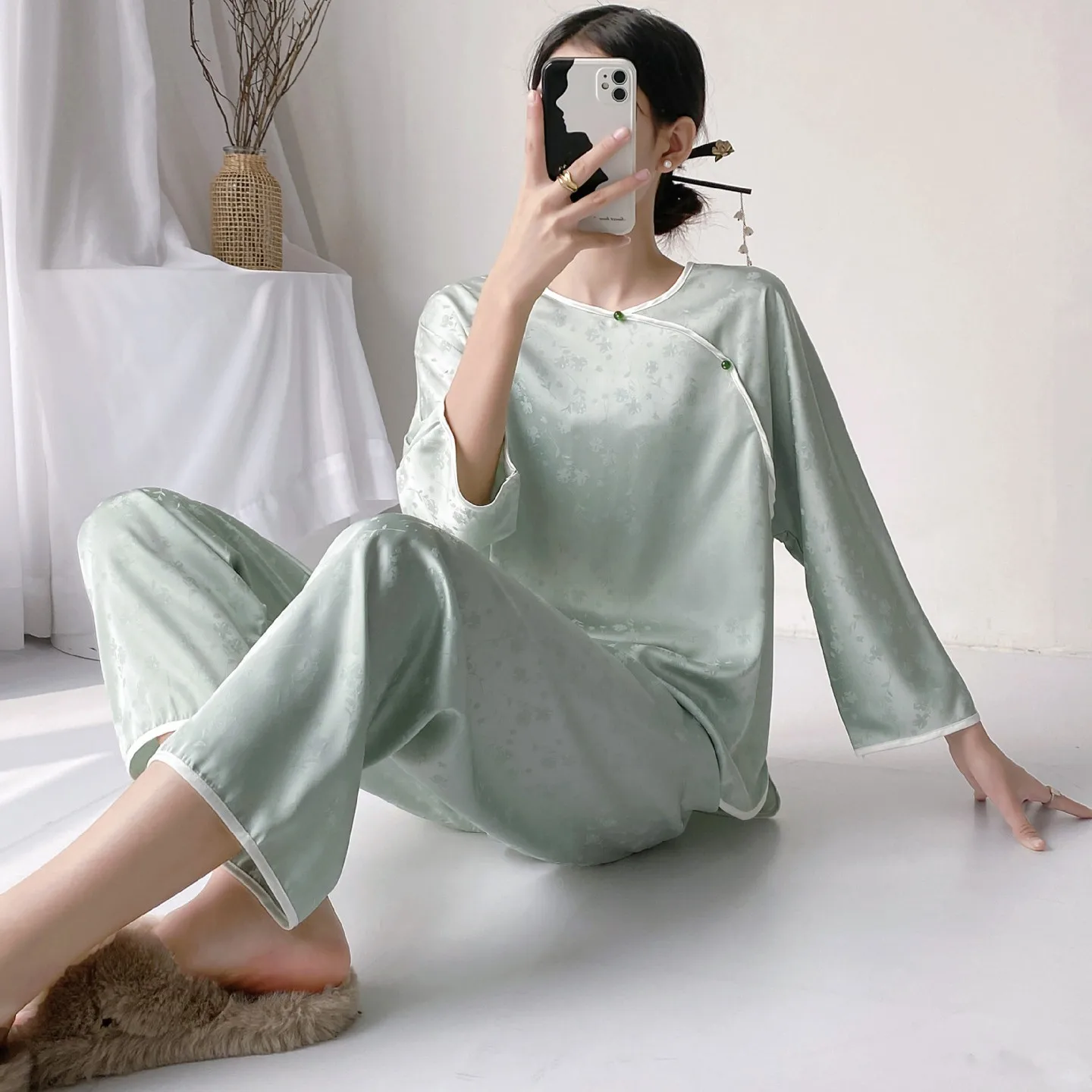 Vintage Chinese Pajamas Long Sleeve Shirt&pants Home Clothes Women Spring Summer New Pyjamas Set Rayon 2PCS Nightwear Sleepwear