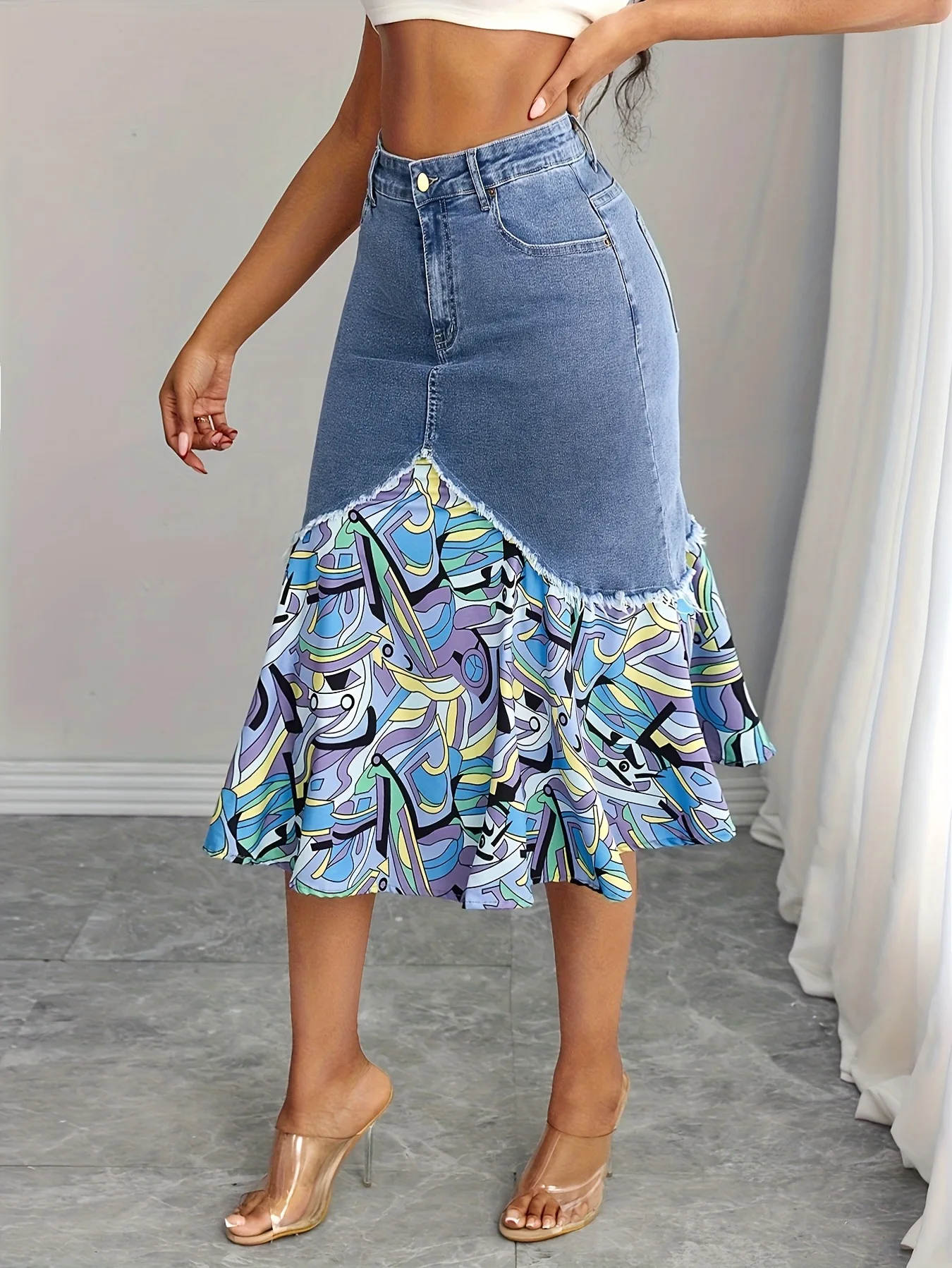 Wholesale Custom Printed Spliced Bohemian Denim Mermaid Skirt Women High Waist Denim Wrap Midi Half Skirt