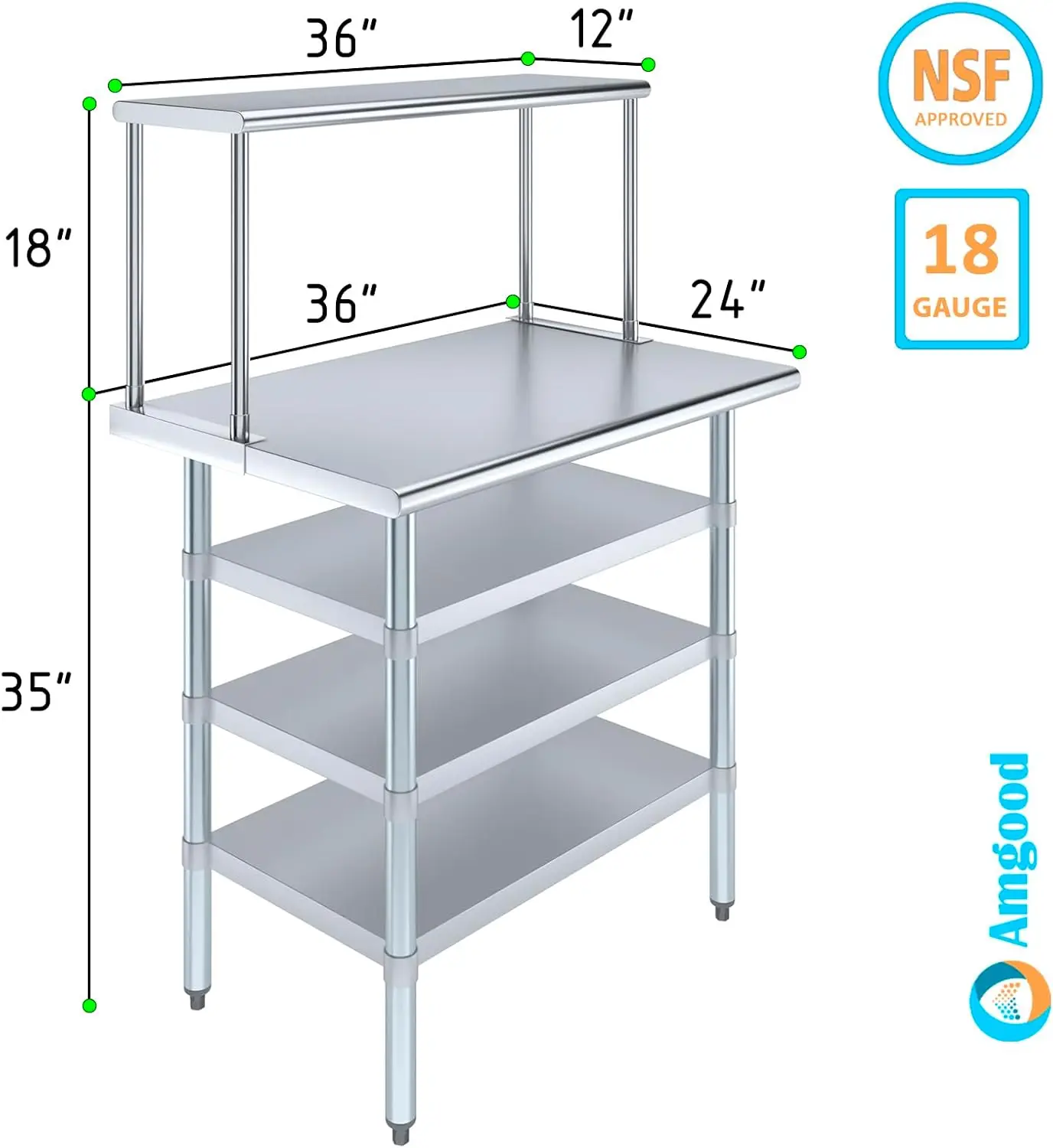 Mesa de trabalho de aço inoxidável Amgood 24"" x 36"" com 3 prateleiras e overshelf de camada única de 12"" de largura |   Mesa de preparação de cozinha de metal e