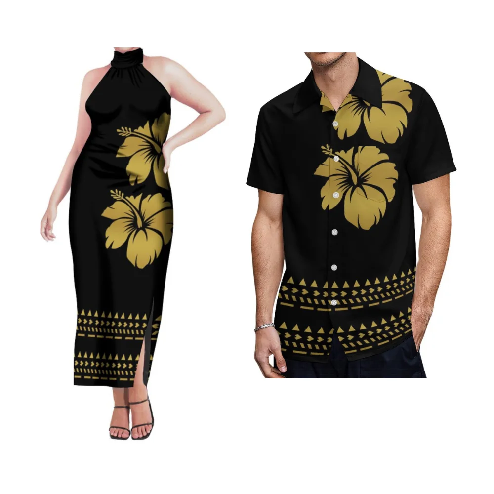 Polynesian Couple Set Clothing Women Halter-Neck Slim Sexy Dress Hawaiian Men'S Formal Shirt Custom Samoa Island Clothing