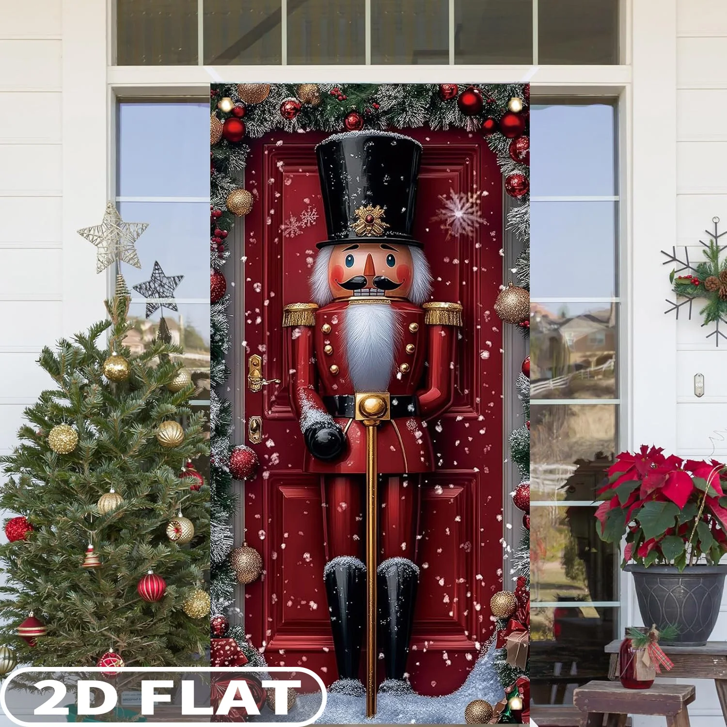 1pc 2D FLAT Christmas Nutcracker Banner, 71 X 35 Inch Polyester Classic Red Soldier Decoration for Holiday Party Front Door
