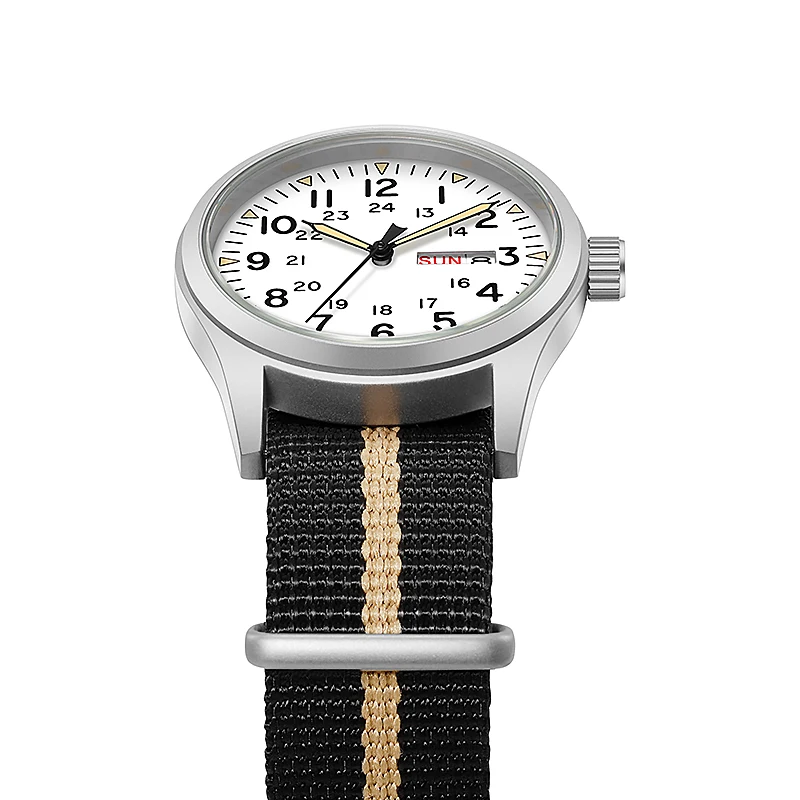 2026 Luminous 38mm Couple Wrist Watch Arabic Numeral Easy Read Fabric Strap 24hr Date Day Quartz Field Watch