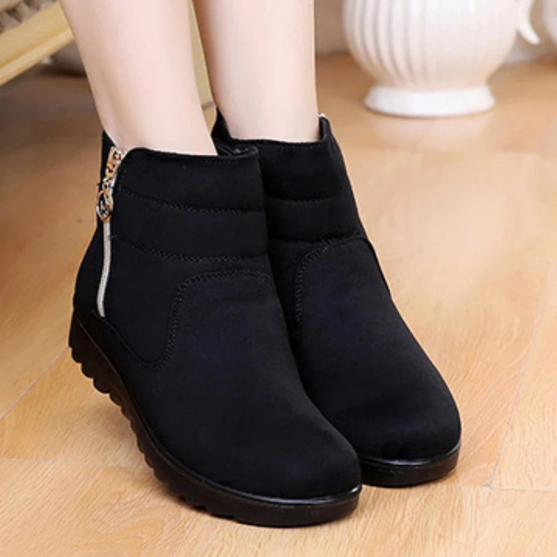 Women Side Zip Snow Boots Winter Solid Colour Warm Mother Thickened Cotton Shoes Soft Bottom Non-slip Flats Botas De Nieve