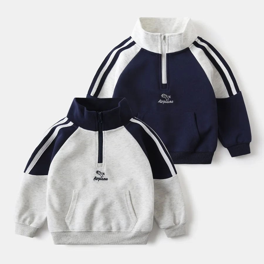 New 2026 Children's Half-Zip Stand Collar Pullover Sweatshirt Autumn Kids Boys Raglan Striped Sleeve Airplane Embroidery Tops