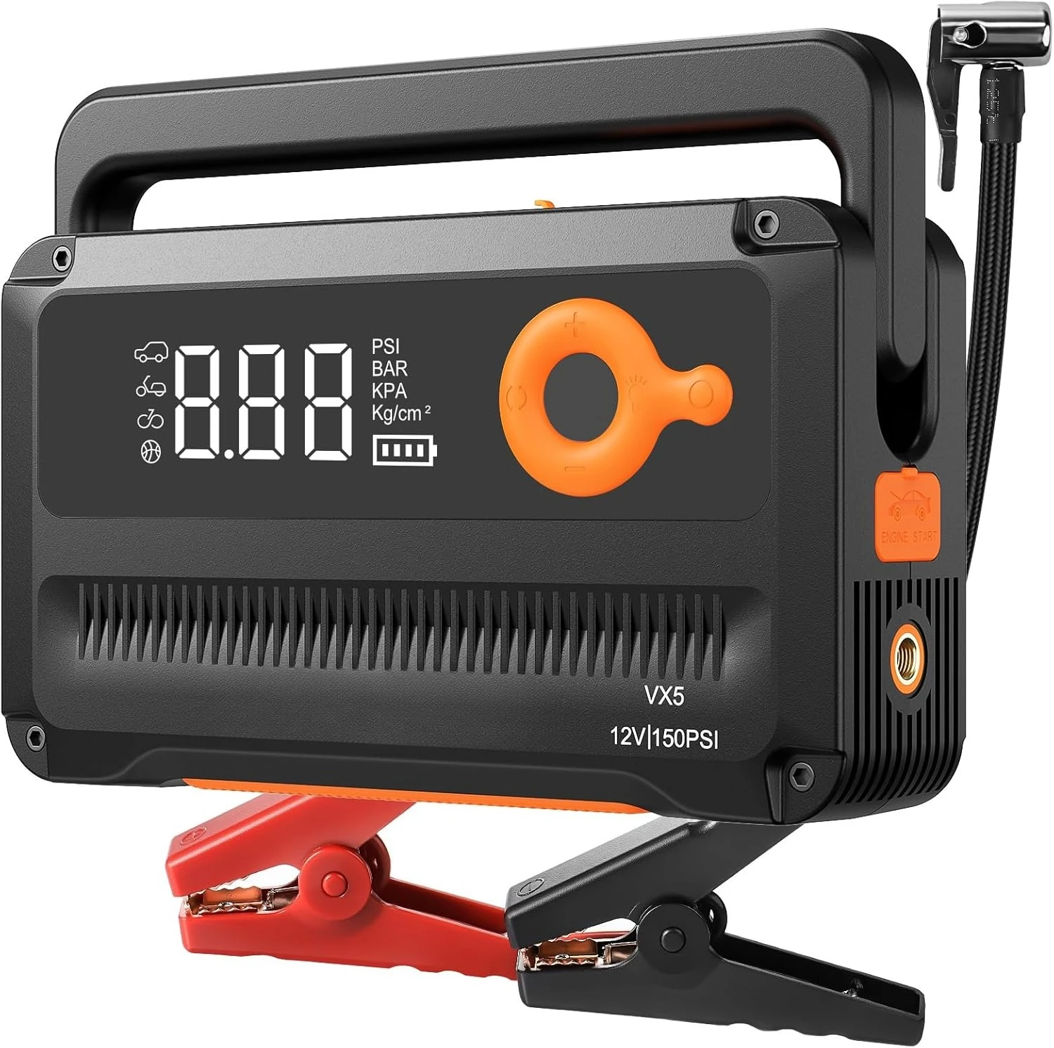 9-in-1 6000A بطارية السيارة الانتقال كاتب مع ضاغط الهواء 26800 مللي أمبير، 150 رطل لكل بوصة مربعة 12 فولت صندوق الانتقال مع منفاخ الإطارات التلقائي، للبيع