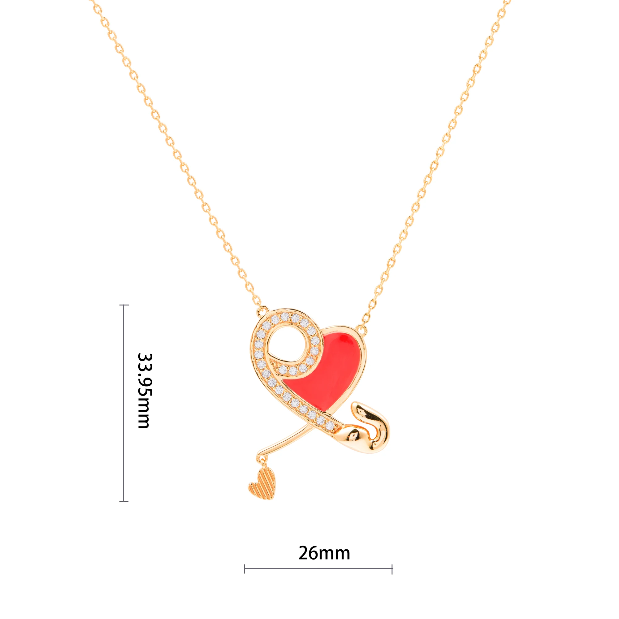 HAIKE Original S925 Sterling Silver Fashion Zircon Gold Plated Neck Chain Cute Red Heart shaped Paper Clip Necklace Pendant