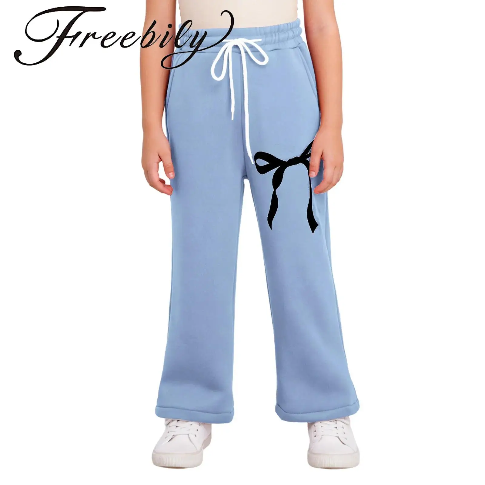 

Kids Girls Cute Bowknot Print Fleece-lined Pants Drawstring Elastic Waistband Straight-Leg Sweatpants with Pockets for Sports