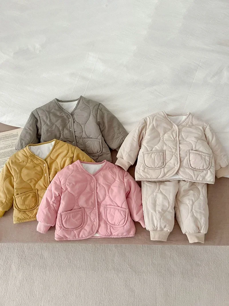 

2023 Winter Baby Clothing Set 0-3Years Newborn Boy Girl Solid Color Long Sleeve Down Coat Cardigan Tops Pant 2PCS Warm Outerwear