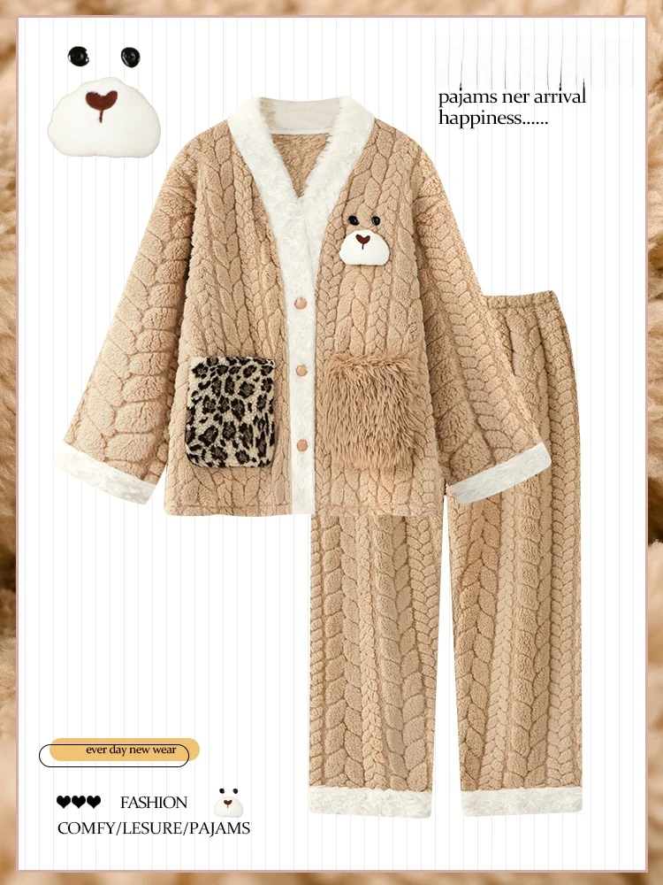 

Cartoon Cute Dog V-Neck Winter Coral Fleece Women's Sleepwear Thick Leopard Print Home Clothes Outdoor Wearable Long Sleeve