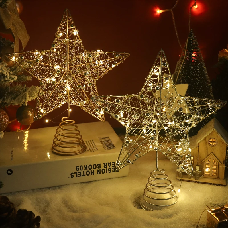 Weihnachtsbaum Stern Topper Licht mit Perle Gold Eisen Weihnachtsbaum Ornamente Neujahr 2026 Home Star Decor LED-Leuchten für Tisch