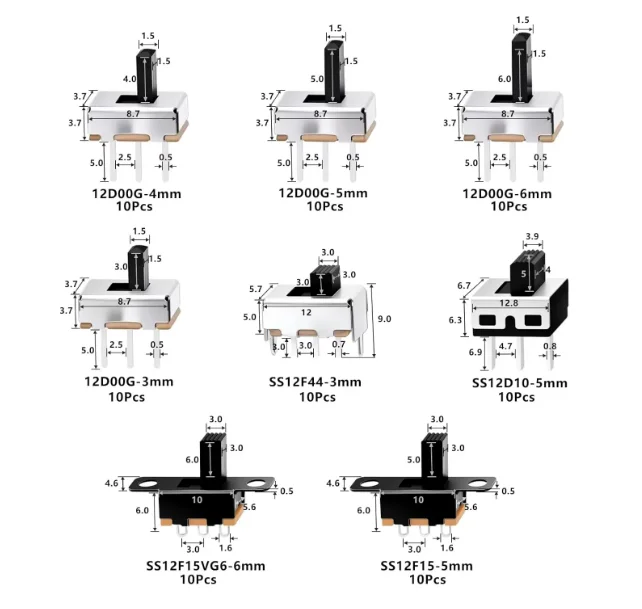 80 PCS through-hole miniature power 3-pin slide switch with 2 positions  SS12F15 mini Slide Swtich Assortment kit