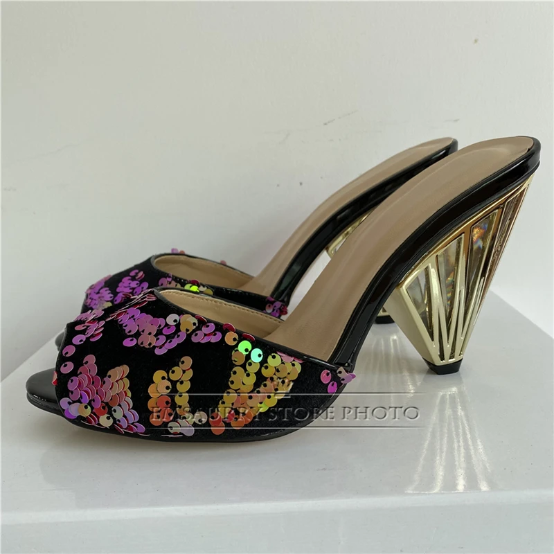 New 2024 Spring Bling Sequins Sandals Women Individual Metal Spike Heel Clear Crystal Transparent High Heel Mules Lady