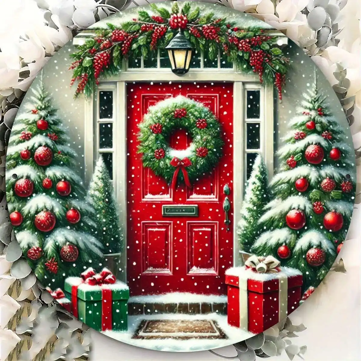 2D Magical Festive Xmas Motif Circular Platter Furniture Hanging Ornament Bistro Cafe Sleeping Quarters Lounge Entryway Holiday