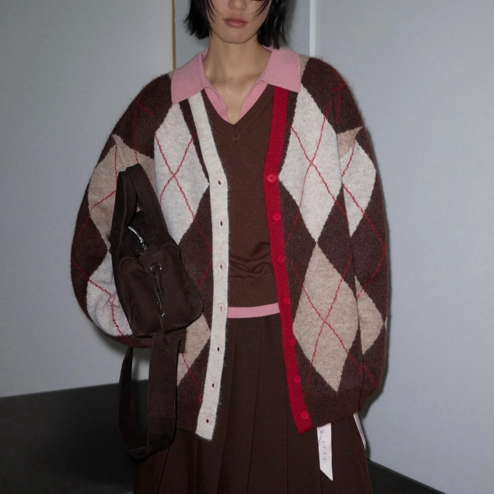 TWOTWINSTYLE Hit Color Spliced Plaid Vintage Sweater Female O Neck Long Sleeve Loose High End Women's Sweaters Autumn Fashion