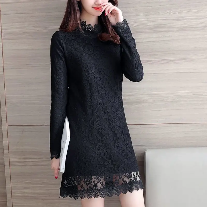 عالية الياقة زائد المخملية الباردة واقية الدانتيل منتصف طول تي شيرت الخريف الشتاء الناس الصغار سميكة فستان دافئ #4