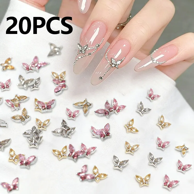 

10/20pcs Mini 4*5mm Crystal Butterfly Nail Charms 3D Diamond Jewelry Parts Pink Clear Metal Manicure Decoation Rhinestones Gems