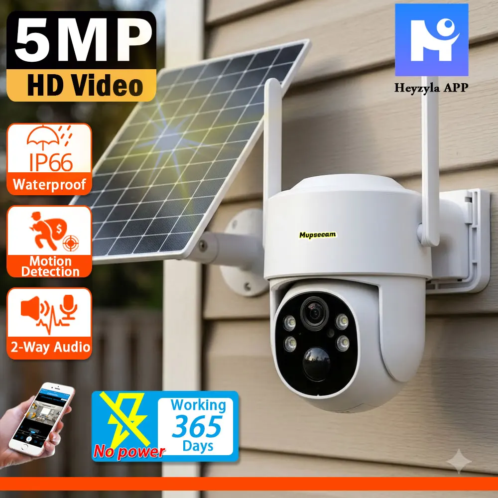 5MP Solar Camera 2 Way Audio Rechargeable Battery PIR Human Detection Outdoor PTZ Wireless WIFI Camera Full Color Night Vision