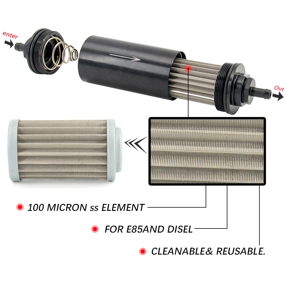 Aluminum OD 2 Inch Fuel Filter for E85 Fuel System with 100 Microns Steel Element AN6 AN8 AN10 9MM Adaptor Fittings