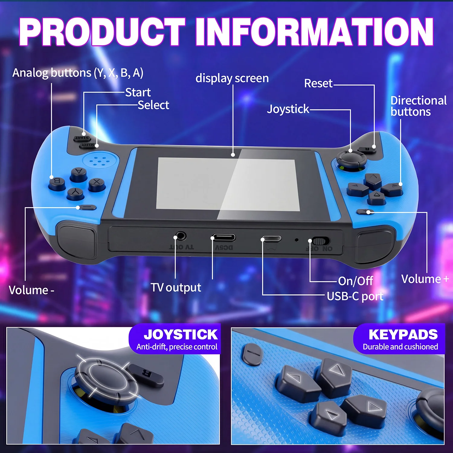 

New Handheld Game Console HD Large Screen Game Portable Retro Arcade Handheld Classic Game Console for 2 Players Gifts Blue
