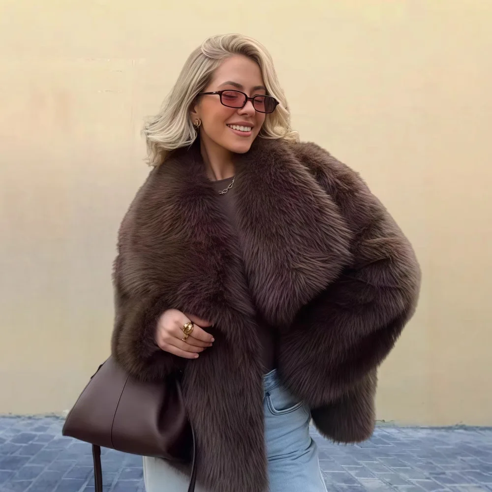 Women Fashion Cropped Faux Fur Jacket Coat Long Sleeve Front Snap-button Female Outerwear Chic Lapel Collar Thick Coat Clothing