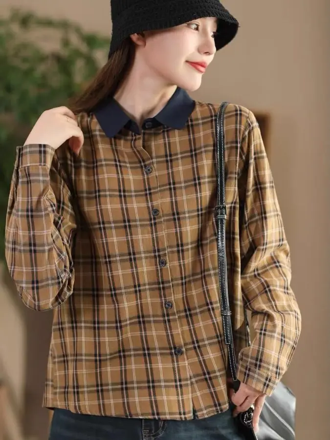 

Длинный дышащий хлопковый кардиган в крупную клетку для женщин, ранняя весна, ретро, художественный дизайн, повседневный, открытый, комфортный для кожи...