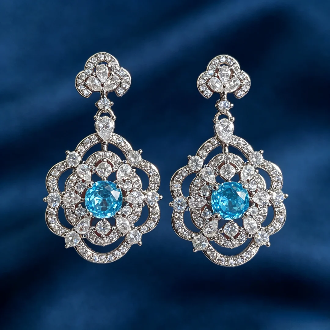 925 Sterling Silver Light Luxury Fashion Micro Paved High Carbon Rose Cut Aquamarine Long Earrings for Women, Retro Palace Style