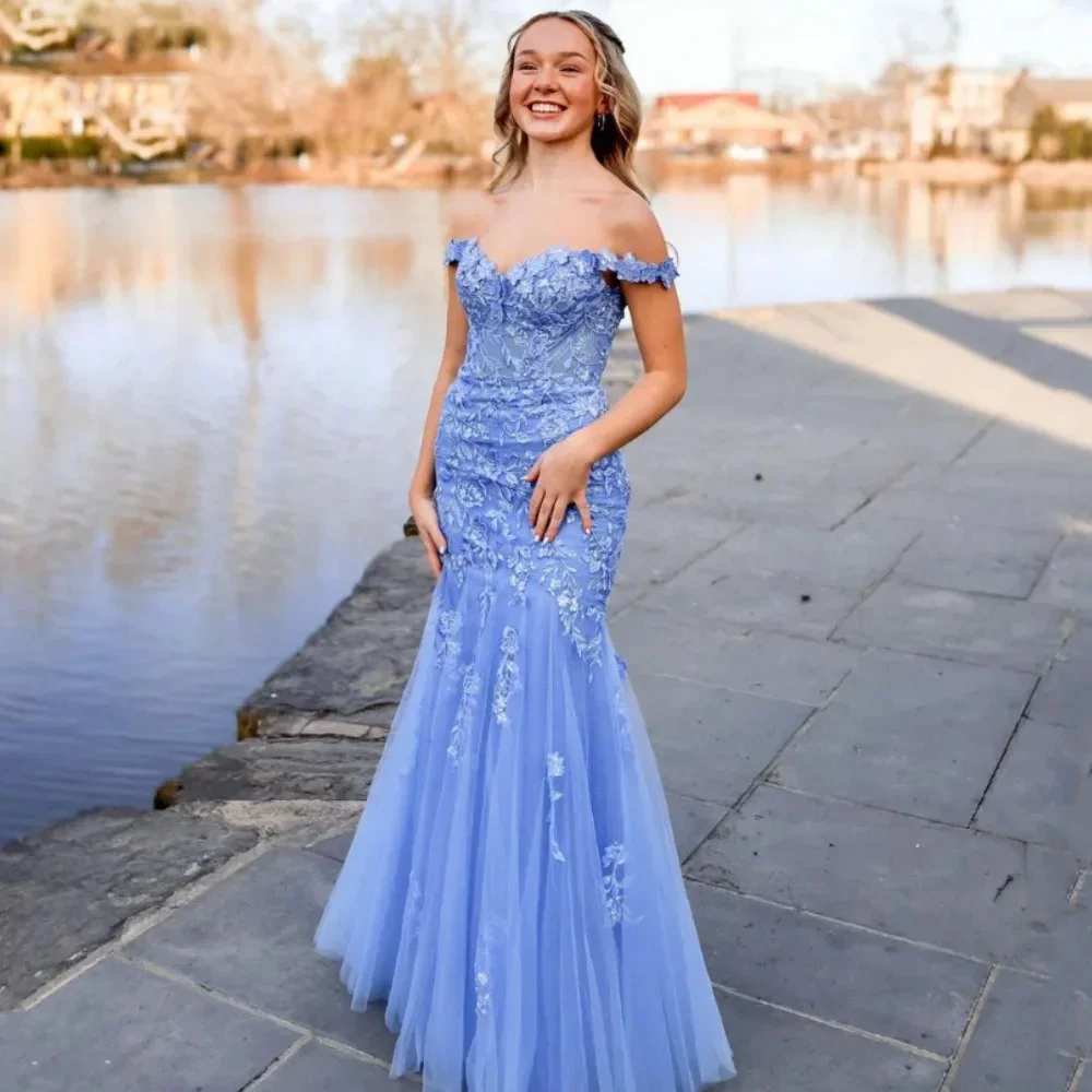 Customized Price AdjustmentElegant Blue Embroidered Mermaid Prom Dress With Off Shoulder Design Floor Length Gown For Formal Eve