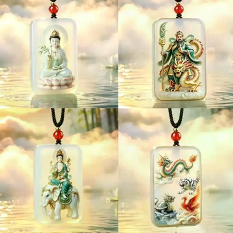 White Glass Guardian Lucky Pendant With Hand Painted Auspicious Patterns Adjustable Rope For Daily Wear Blessing Gifts