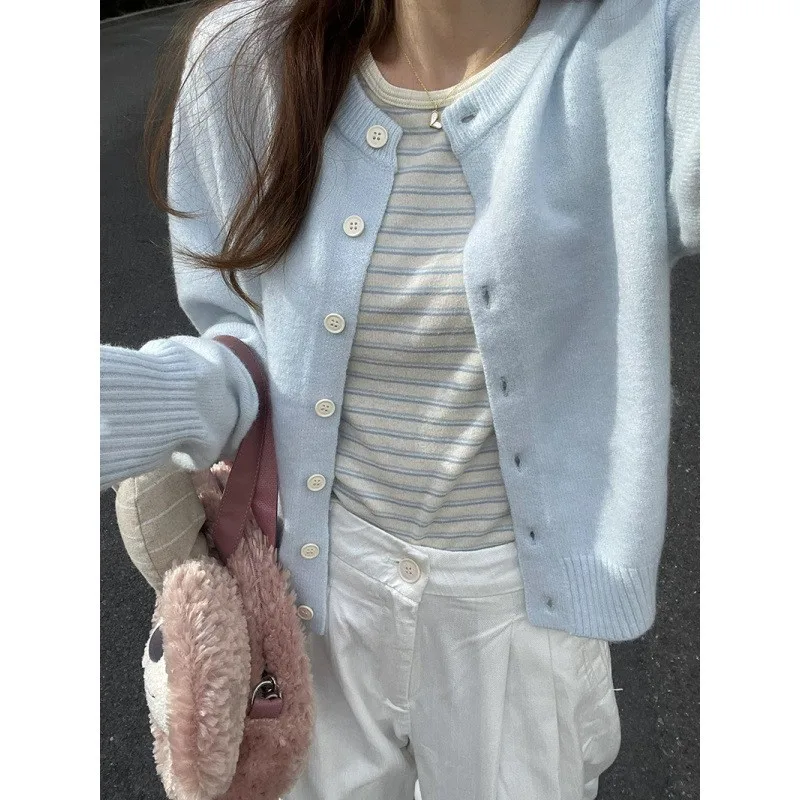 

KANING женский мягкий пастельно-синий открытый кардиган, вязаный свитер, весна 2024, новинка, свободный крой для колледжа, средний размер