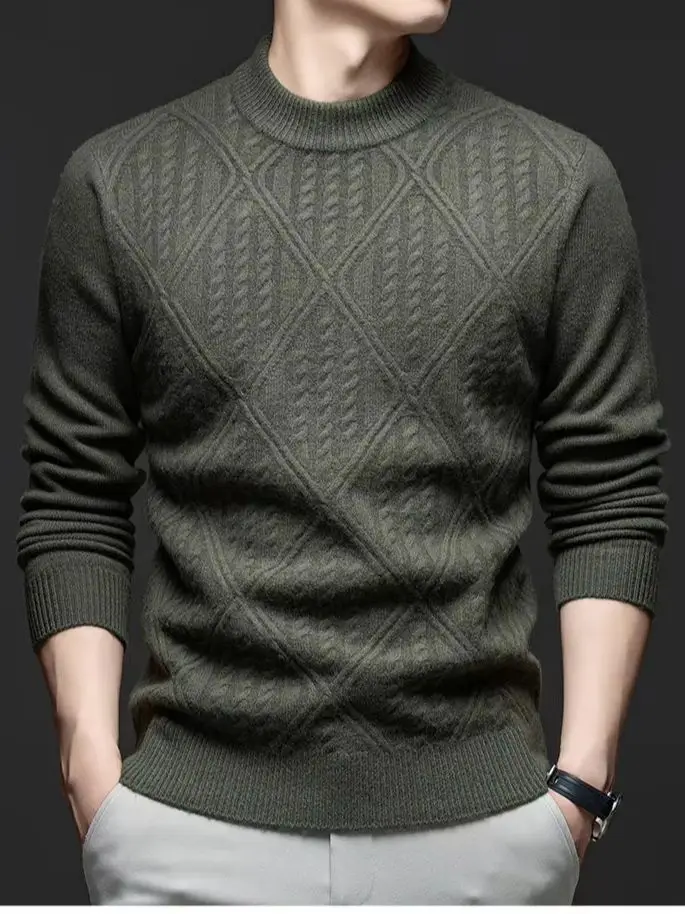 Men's pure cashmere sweater with rhombic pattern, semi-high neck and thick needle twisted sweater, warm and thick casual pullove