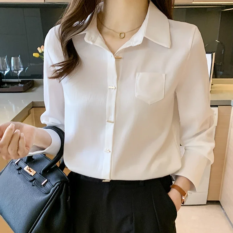 

2025 Spring Fashion Long Sleeve Turn Down Collar Women Shirt White Elegant Soft Shirt Blouse Women Top Camisas De Mujer N635