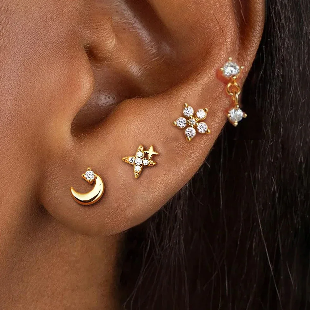 4PCS New Design Stainless Steel Cubic Zirconia Stud Earring For Women Star Flower Pendant Cartilage Elegant Piercing Jewelry