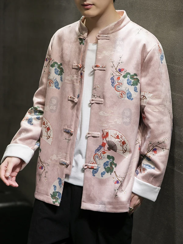 

Autumn Winter Men's Suede Jaet Couple Print Stand Collar Button up Chinese Sle Outerwear Loose Fit Long Sve Youth