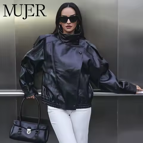 MUJER Faux Leather Women's Jacket Black Oversize Bomber Jackets for Women Outerwears Winter Overcoat Female Fashion Jacket Woman