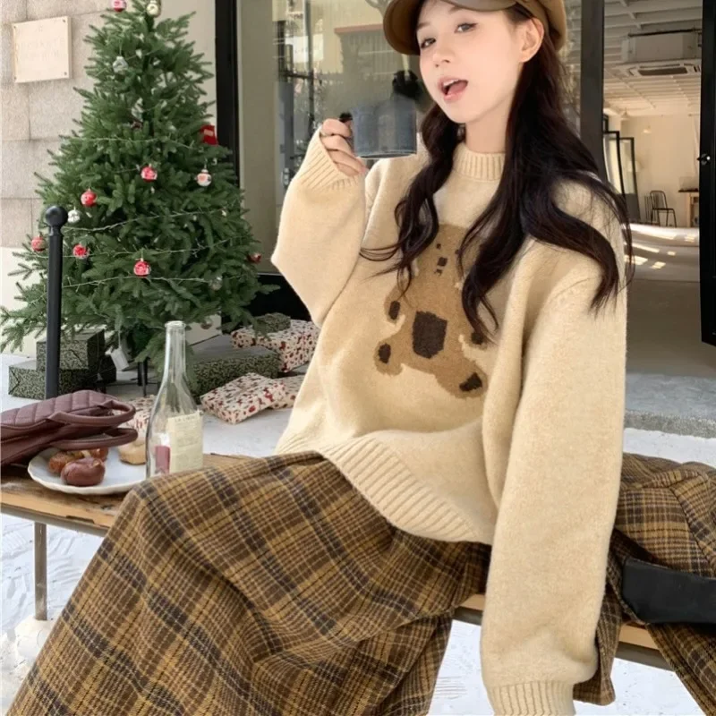 OCEANLOVE Cartoon Bear Women Sweaters Autumn Winter Korean Fashion Sweet Pullovers Cute Loose Vintage Sueters De Mujer