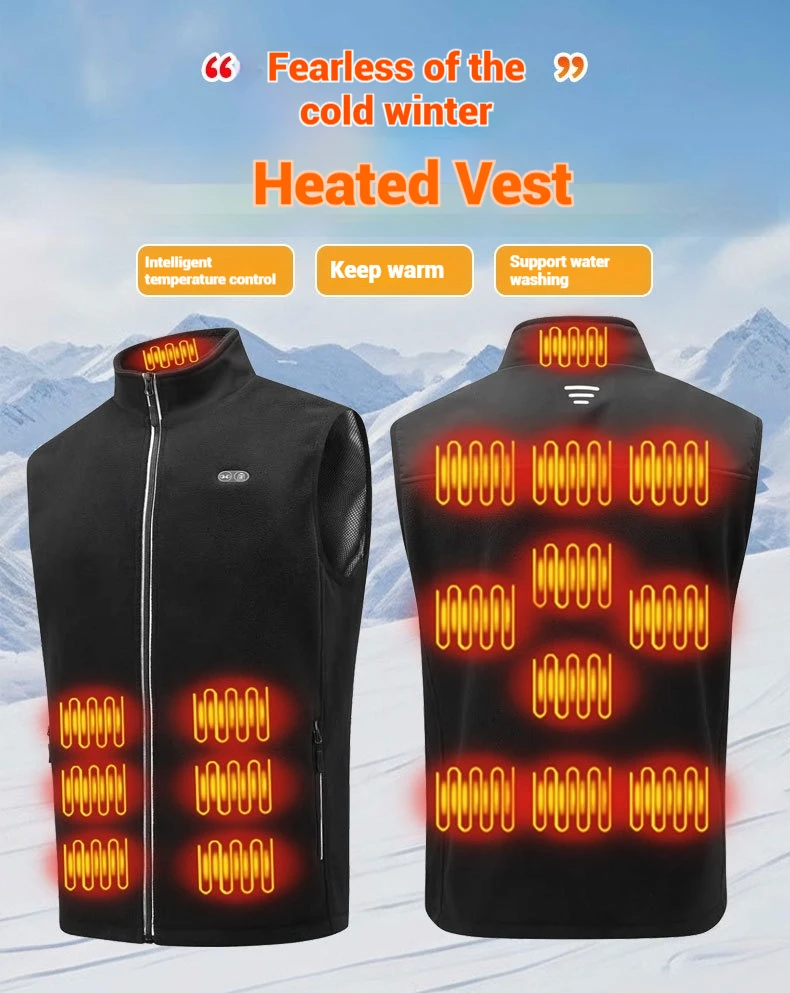 USB-Heizweste für Herren und Damen, elektrische Thermojacke, Polarfleece, Stehkragen, winddicht, reflektierender Reißverschluss, Outdoor-Sport – Detail 5