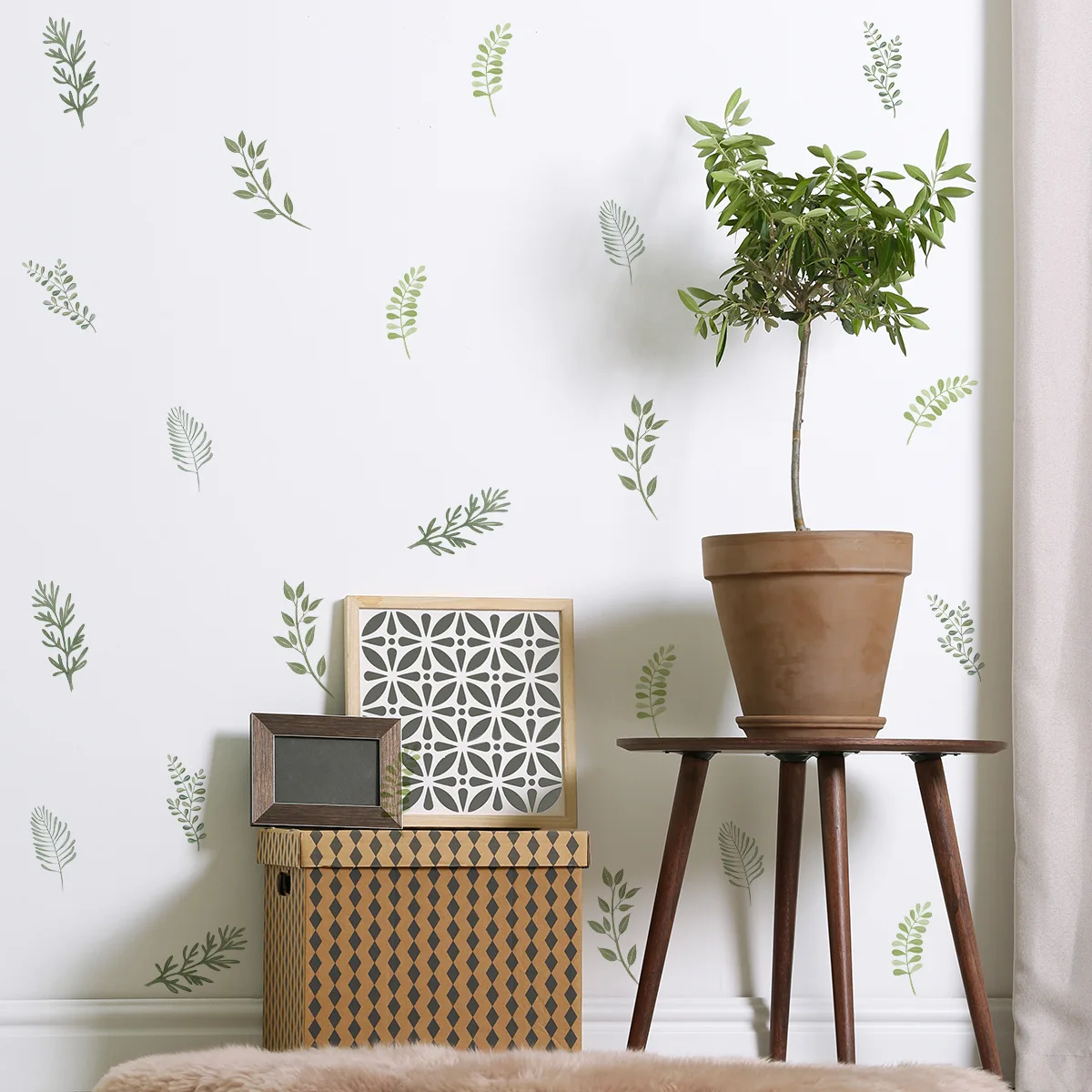 Nordic Green Leaf Wall Decals, Removable Botanical Peel and Stick Stickers, Minimalist Plant Decor for Bedroom Living Room view 3