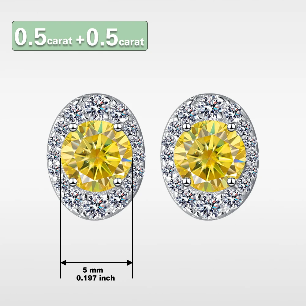 A pair of S925 sterling silver Lemon yellow stud earrings, oval bracket wrapped round GRA moissanite simple elegant earrings