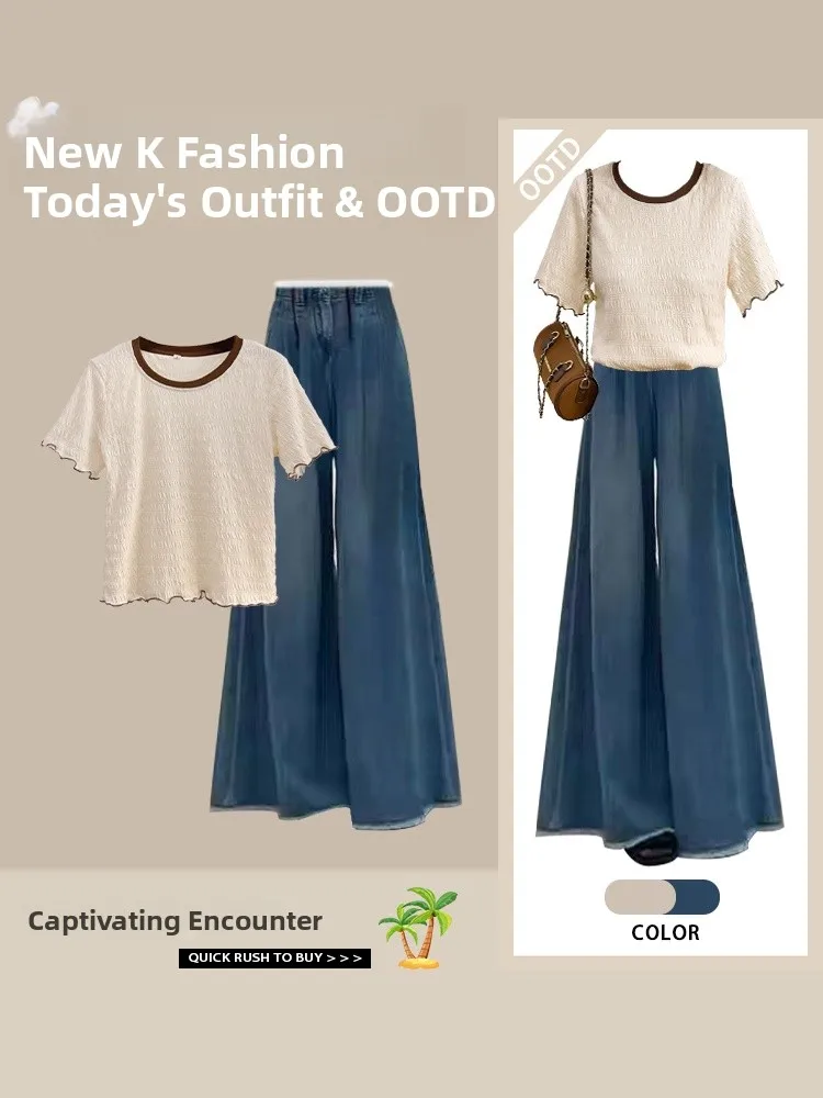 

Color Blo T-irt ort Sve Denim Wide Leg Jeans round Ne oulder Width Normal Two Piece Set Women's Faion Summer O...