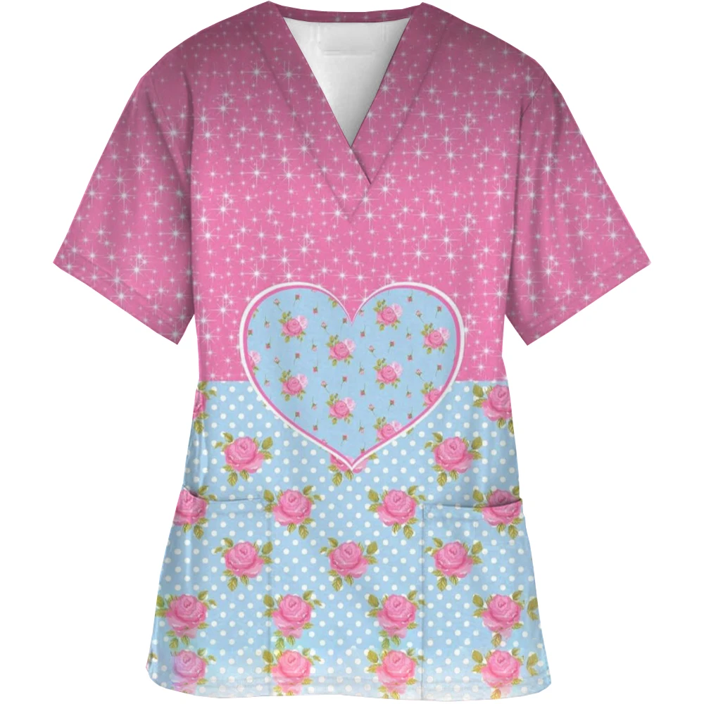 

Wholesale Medical Nurse Uniform Jogger Scrubs Hospital Uniforms Scrubs Love print Spa Uniforms Women V-neck Fashion Work Wear