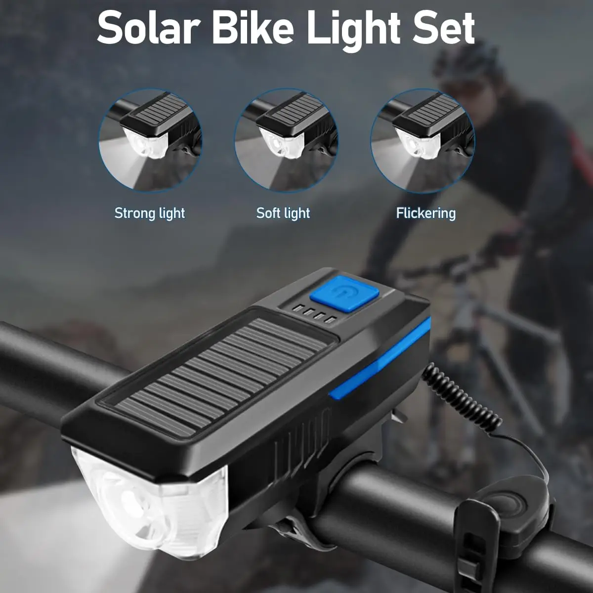 Reachargable Bike Lights, Bicycle Front Headlight for Night Ridding, Dual Lamp Solor Charging & Easy to Install for Phone Chargi