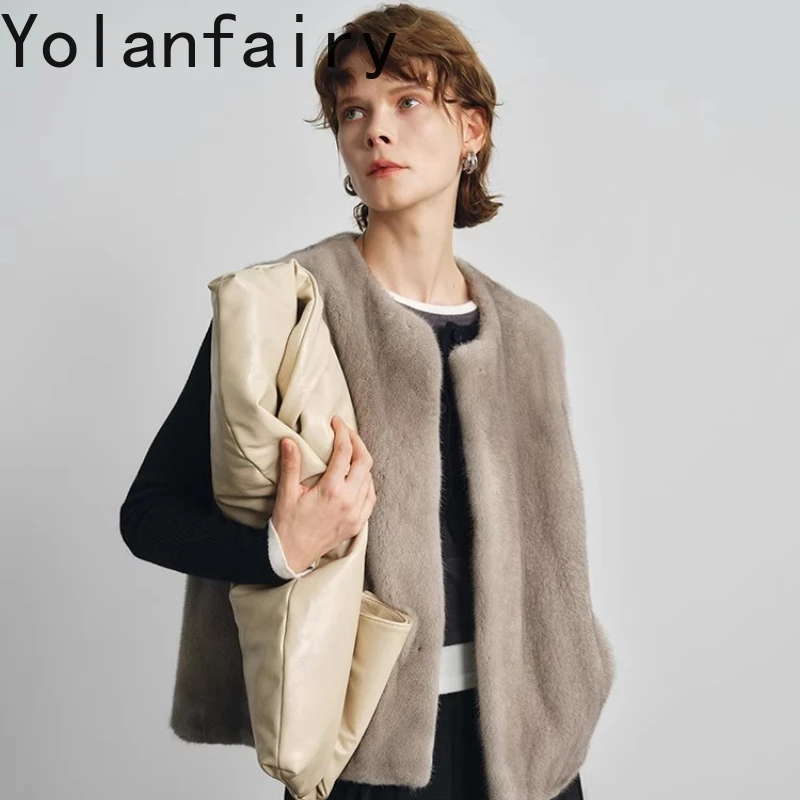 

YOLANFAIRY natural whole mink fur coat female winter thicken warmth V-neck Sleeveless commuting Simple style mink vest woman2025