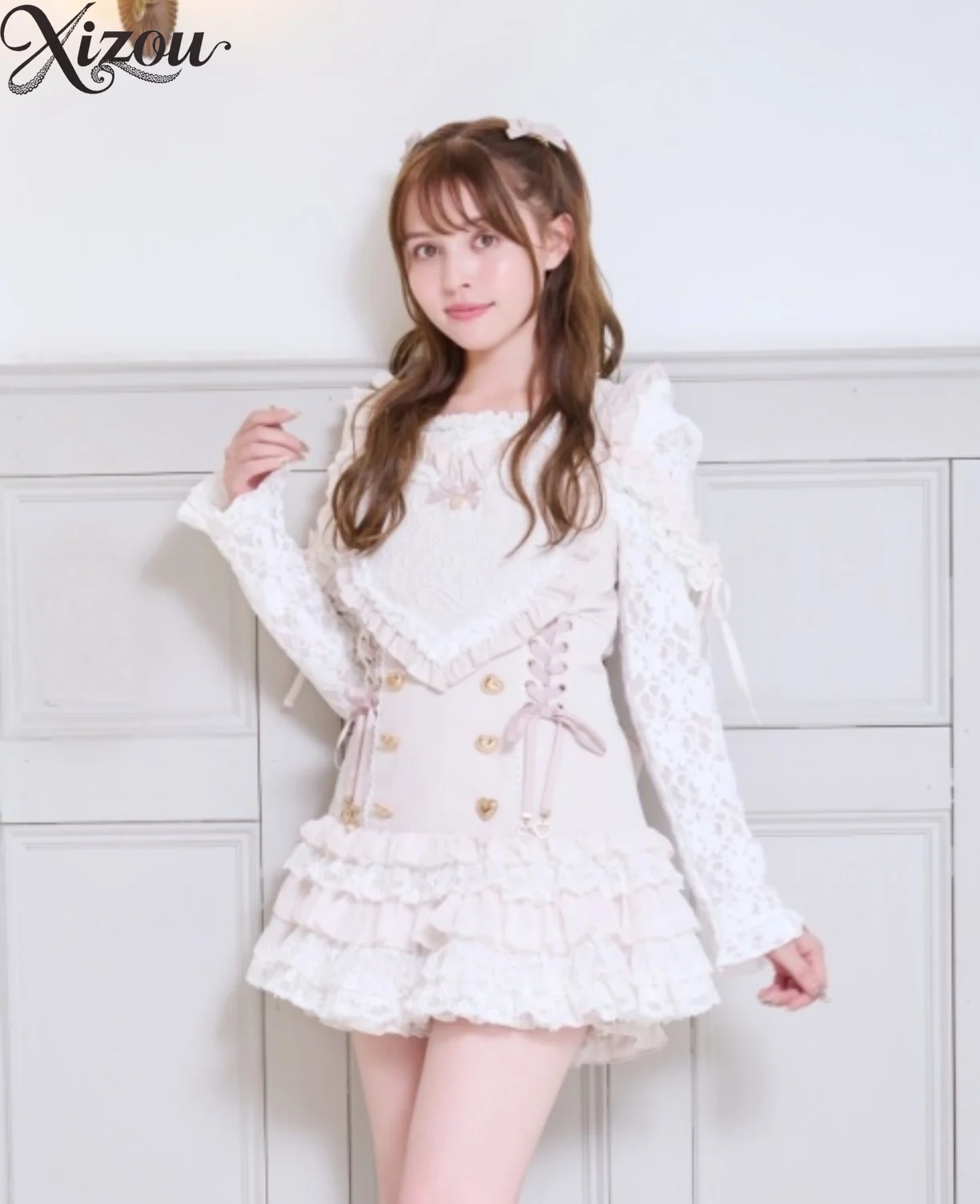 

Y2k Goth Lolita Set Женский мягкий лиф в форме сердца JSK Короткое платье с рюшами и кружевным бантом на шнуровке с рукавами в форме сердца и высокой талией 2025