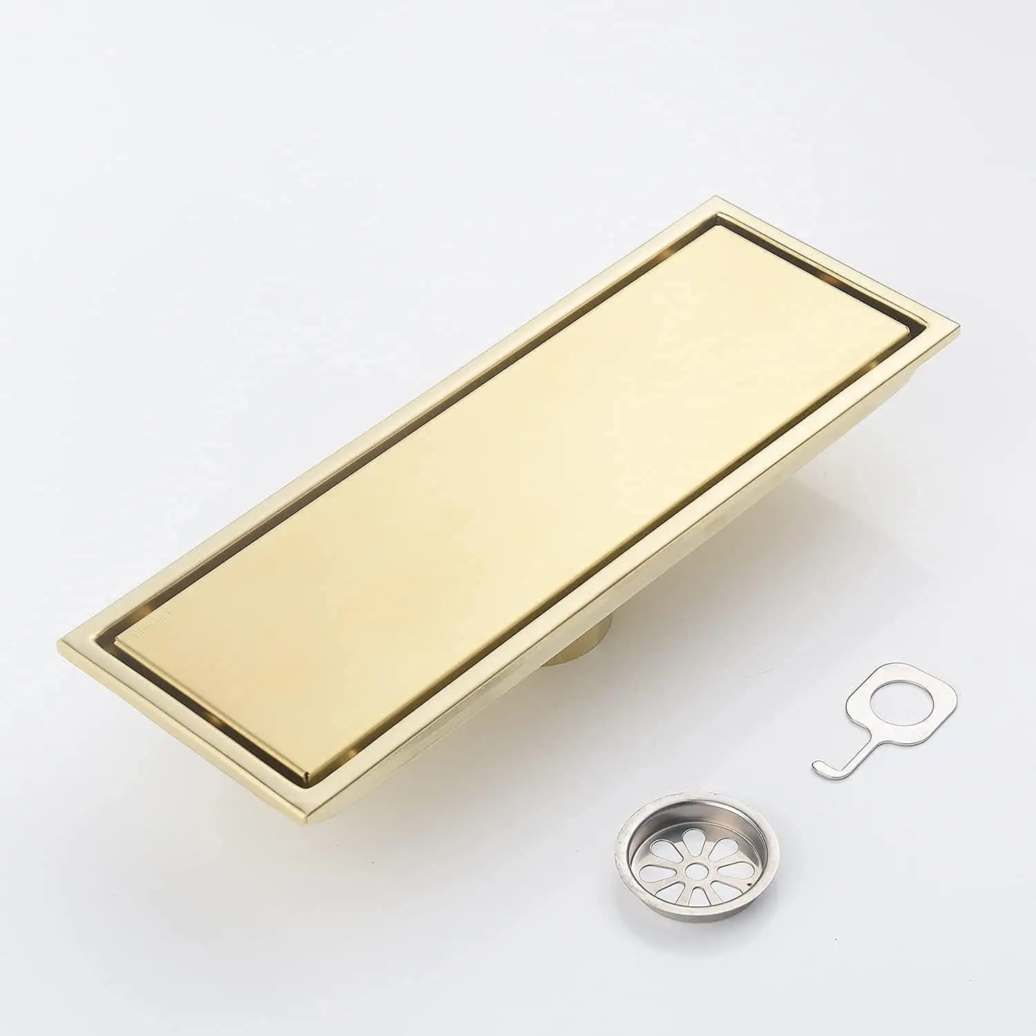 

12-Inch Linear Shower Drain Brushed Gold Tile Insert Grille Detachable Hidden Cover SUS304 Stainless Steel Rectangular Hotels
