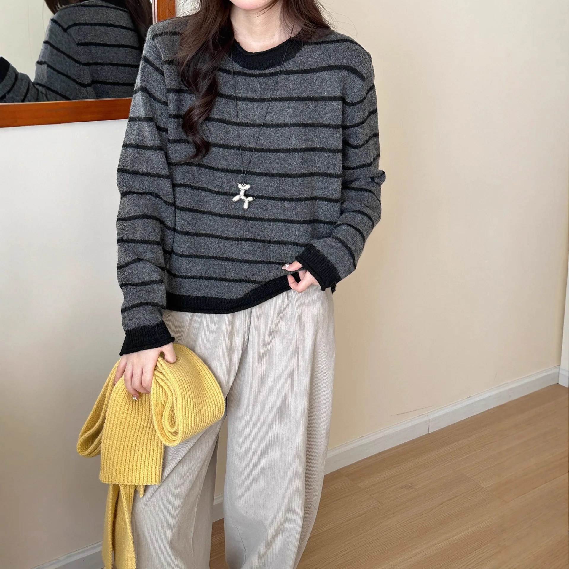 

Полосатые вязаные пуловеры для женщин, осень-зима 2025, новый свободный свитер, свободные повседневные свитера с длинными рукавами в корейском стиле