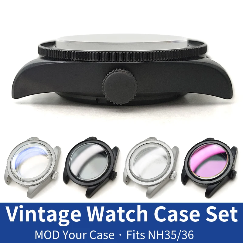 Vintage Watches Case Matte Silver/Black For SKX SKX007 NH35 NH36 4R36 Steel Cases Movement Sapphire Crystal Glass MOD Watch Part